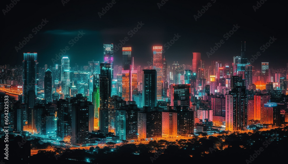 Fototapeta premium Victoria Peak skyscraper skyline glows in multi colored twilight reflection generated by AI