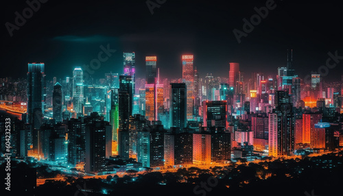 Victoria Peak skyscraper skyline glows in multi colored twilight reflection generated by AI