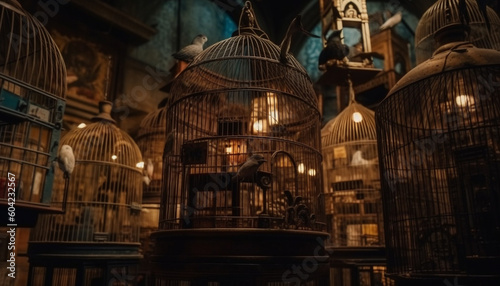 An antique birdcage illuminated by an old lantern indoors generated by AI