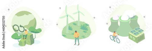 Circular economy illustration set. Sustainable economic growth with renewable energy and natural resources. Green energy, sustainable industry and manufacturing concept. Vector illustration. 
