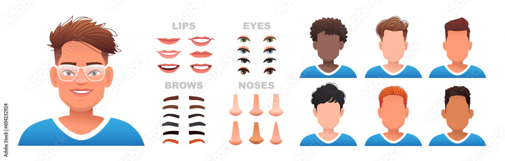 Male face constructor. A set of eyes, noses, eyebrows, lips and hairstyles to create male characters. Facial elements for building a portrait of a young man.
