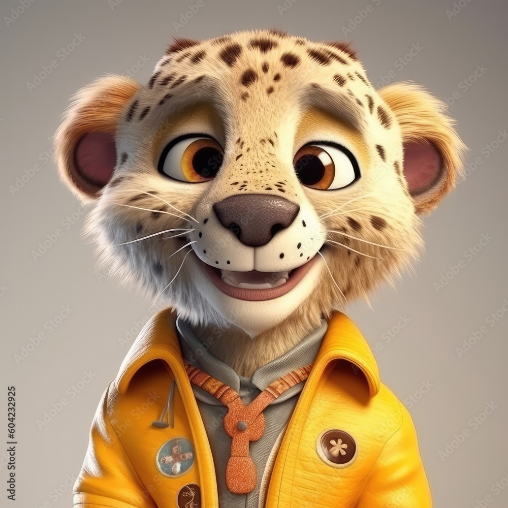 Fototapeta premium 3D cartoon cheetah portrait wearing clothes, standing in front, studio lights, generative ai