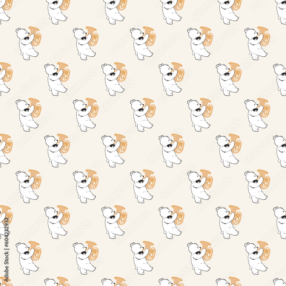 Fototapeta premium Bear Trumpet Music Performance Vector Graphic Seamless Pattern