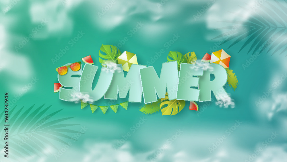 Fototapeta premium 3D Summer text vector banner design with colorful tropical beach elements on green pattern background for summer. Vector illustration.