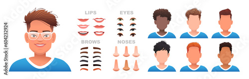 Male face constructor. A set of eyes, noses, eyebrows, lips and hairstyles to create male characters. Facial elements for building a portrait of a young man.