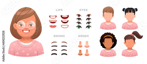 Child face constructor. A set of eyes, noses, eyebrows, lips and hairstyles to create female characters. Facial elements for building a portrait of a little girl.