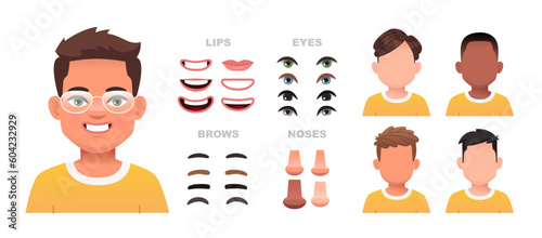 Child face constructor. A set of eyes, noses, eyebrows, lips and hairstyles to create male characters. Facial elements for building a portrait of a little boy.