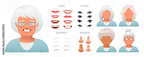 Constructor of an elderly female face. A set of eyes, noses, eyebrows, lips and hairstyles to create female characters. Facial elements for the construction of a portrait of an old woman.