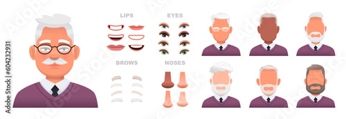 Constructor of an elderly male face. A set of eyes, noses, eyebrows, lips and hairstyles to create male characters. Facial elements for the construction of a portrait of an old man.