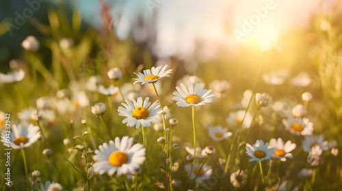 Chamomile flowers in meadow, Spring or summer nature concept with blooming daisy, Generative AI Technology 