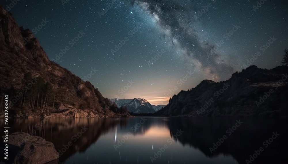 Tranquil scene majestic mountain peak reflects starry night sky beauty generated by AI