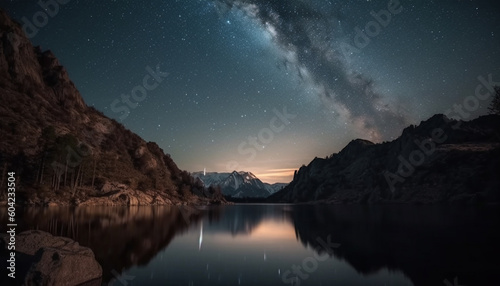 Tranquil scene majestic mountain peak reflects starry night sky beauty generated by AI