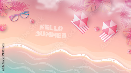 View of the beach from above against a backdrop of umbrellas, leaves, glasses and watermelons. Aerial view of a summer beach represented in 3d.