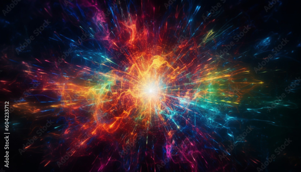 Futuristic galaxy explodes in vibrant colors, illuminating dark space generated by AI