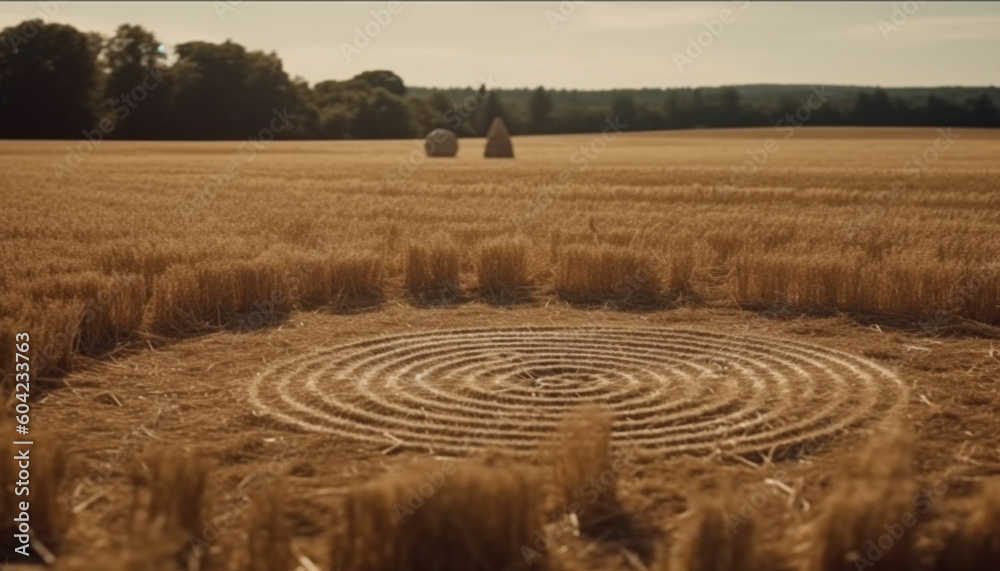 Golden wheat bales in a row, idyllic rural sunset scene generated by AI Golden wheat bales in a row, idyllic rural sunset scene generated by AI