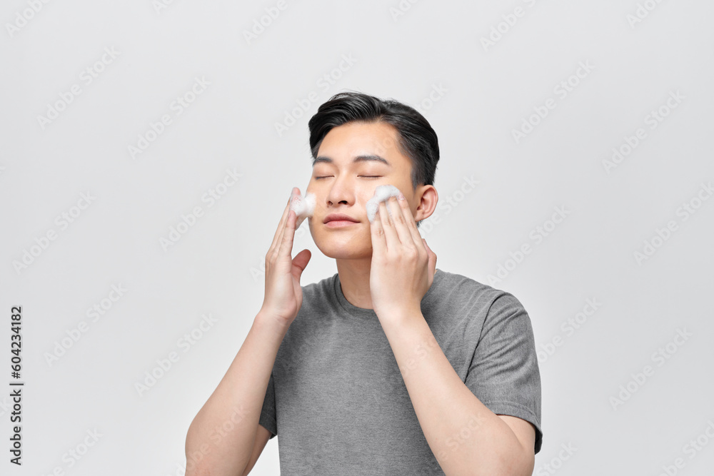Happy Guy Cleansing Face Applying Facial Cleanser Closeup Happy Guy Cleansing Face Applying Facial Cleanser Closeup