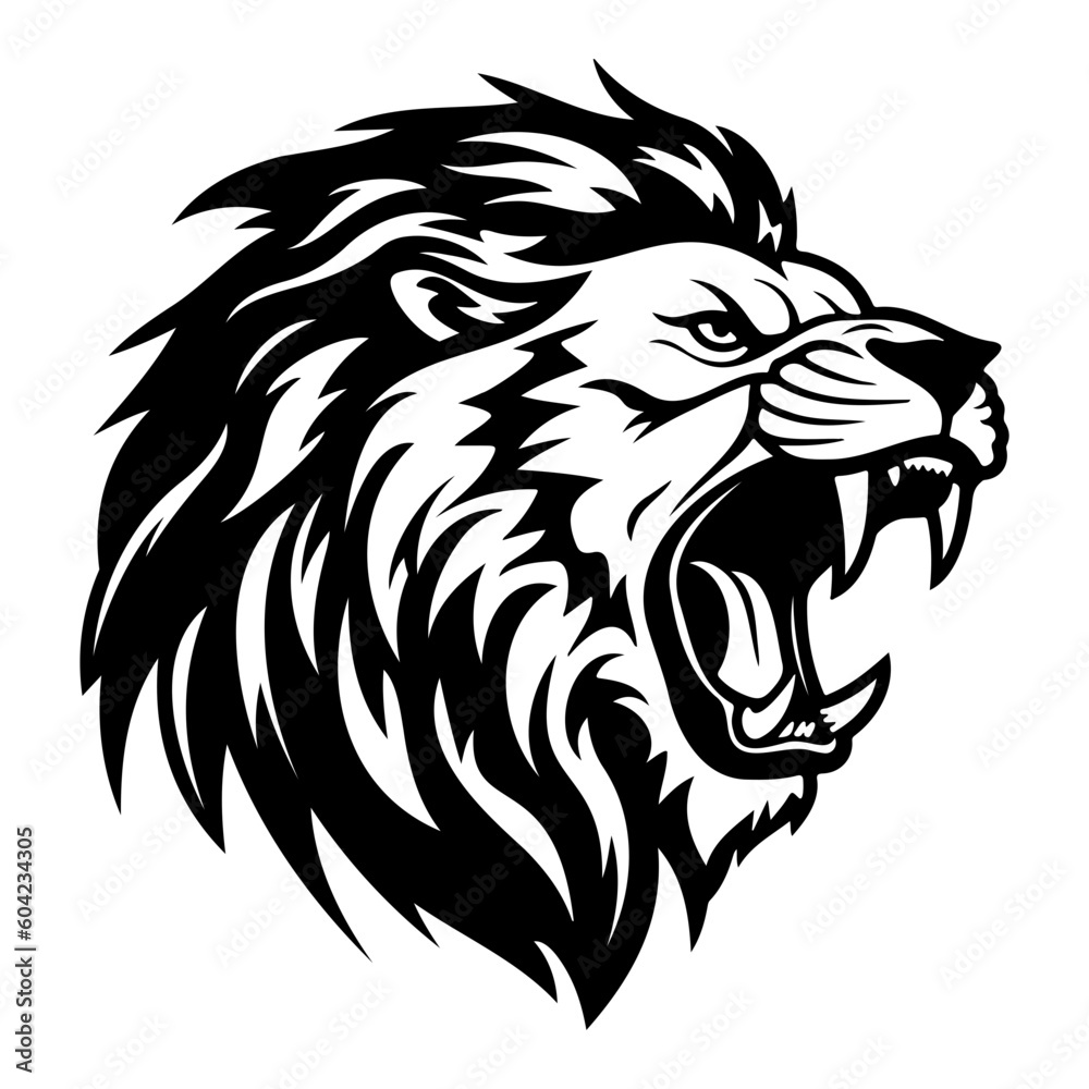 ferocious Lion, Angry Lion Face Side, Lion mascot logo, Lion Black and White Animal Symbol Design.