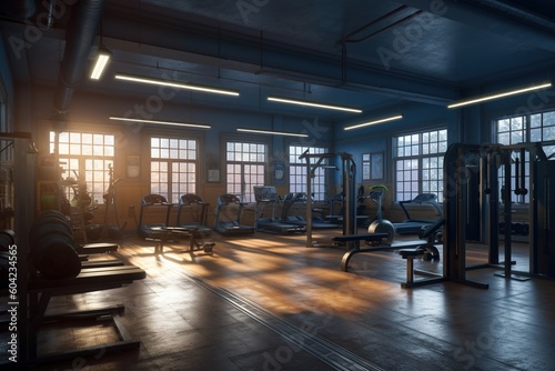 Equipment And Machines At The Modern Gym Room Fitness Center. interior with equipment. bodybuilding concept background. Crossfit .functional training. Practicing powerlifting. Generative AI