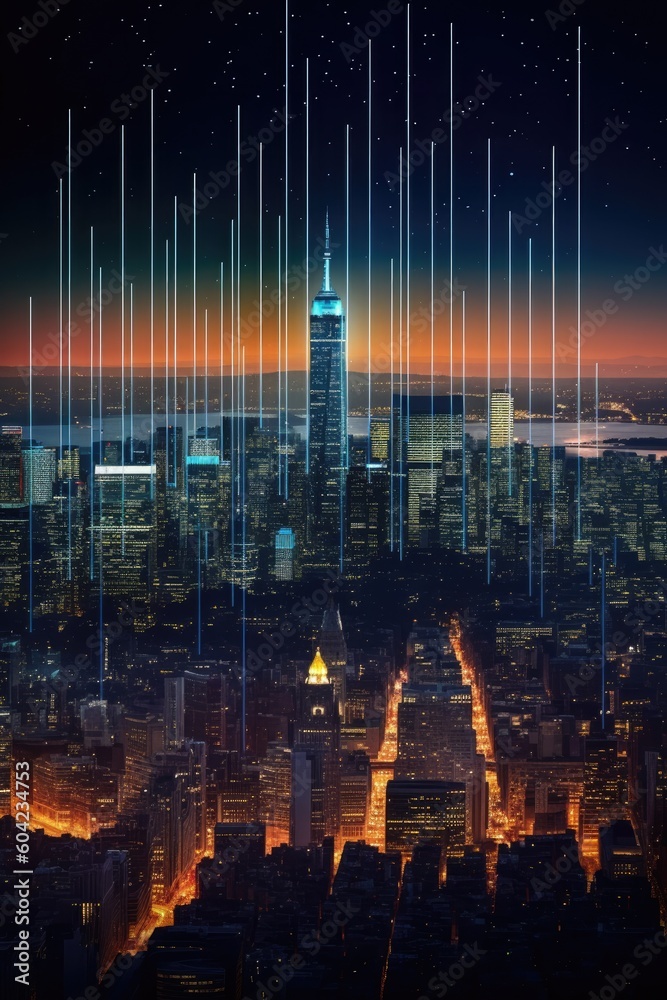 Abstract cityscape skyline art. Pixelated city skyscraper buildings. New York City high rises. 