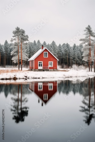 Little red cabin in the woods on a reflective lake. Lone house reflection in the winter forest. © Fox Ave Designs