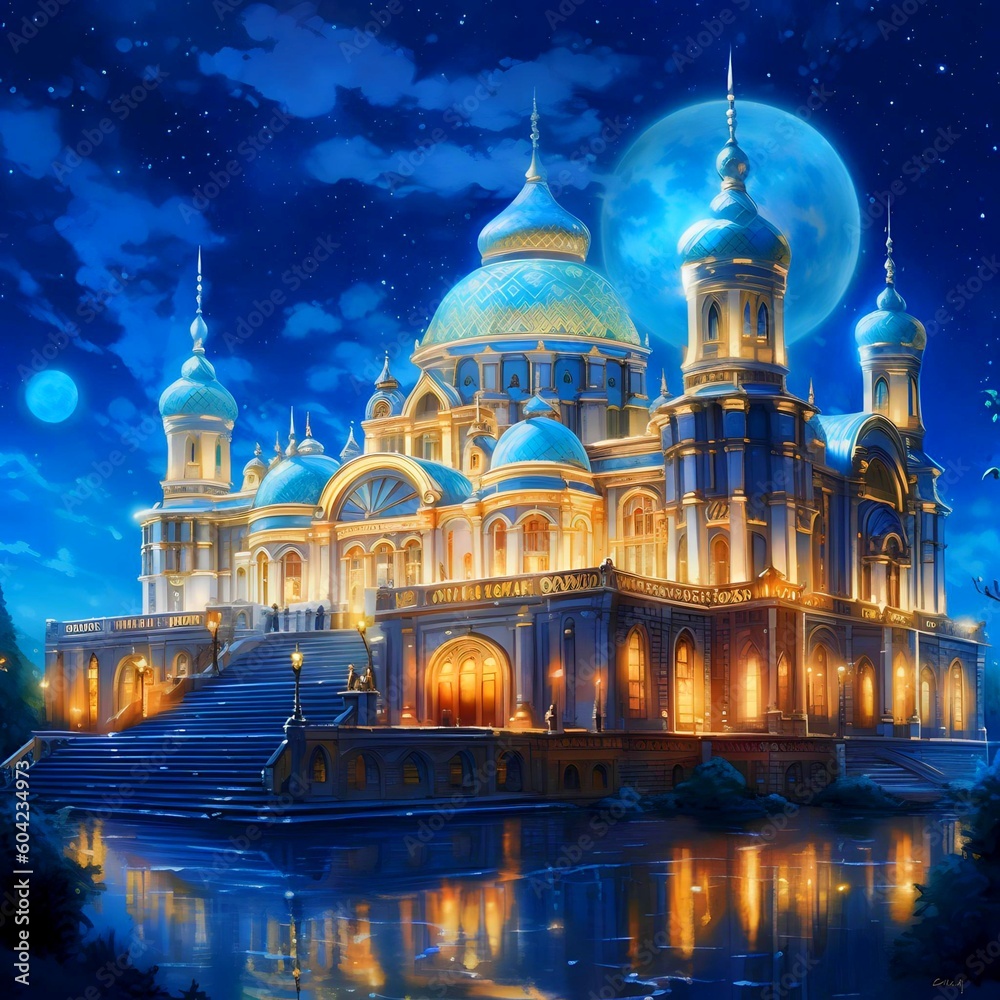 Fototapeta premium a magnificent palace at night with the moon decorating the sky made with generative ai
