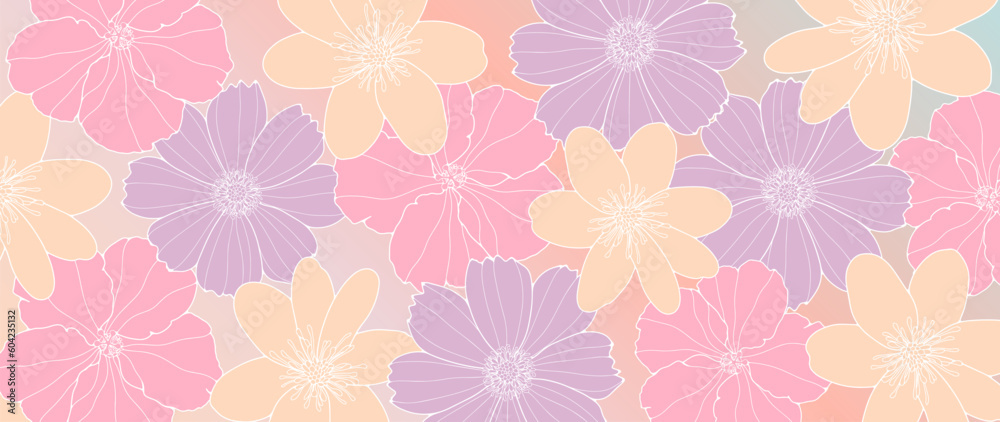 Delicate pink floral background with colorful flowers. Background for decor, covers, wallpapers, postcards and presentations