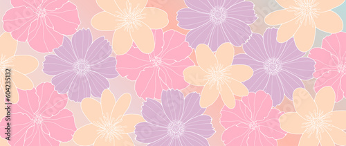 Delicate pink floral background with colorful flowers. Background for decor, covers, wallpapers, postcards and presentations