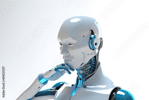 White humanoid robot thinking and touching his head