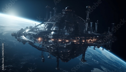 Futuristic spaceship in blue nebula, armed forces explore galaxy generated by AI © Stockgiu