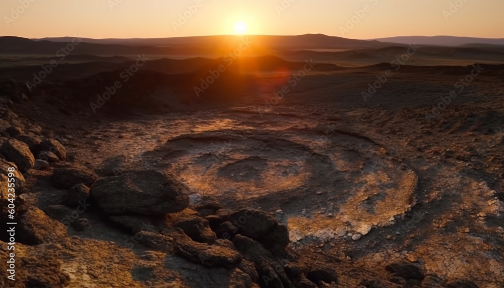 Volcanic landscape erupts at dawn, creating panoramic beauty in nature generated by AI