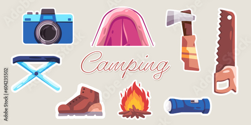 campground equipment tent camping ground adventure hiking adventure vacation holiday activity objects sticker style