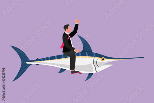 Cartoon flat style drawing of brave businessman riding huge dangerous marlin fish. Professional entrepreneur character fight with beast predator. Business metaphor. Graphic design vector illustration