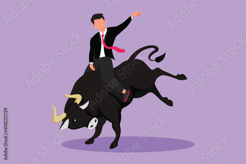 Cartoon flat style drawing businessman riding unicorn bull. Investment, bullish stock market trading, rising bonds trend. Successful business man. Business metaphor. Graphic design vector illustration