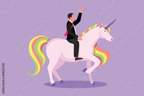 Graphic flat design drawing smart businessman riding unicorn symbol of success. Business startup concept, looking a goal, achievement, leadership. Business metaphor. Cartoon style vector illustration