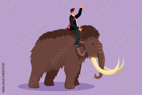 Cartoon flat style drawing of young businessman riding huge dangerous mammoth. Professional entrepreneur male character fight with predator. Successful business man. Graphic design vector illustration
