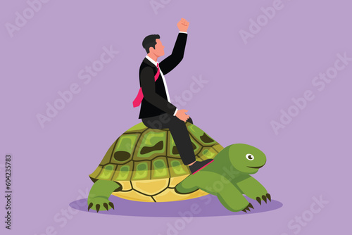 Character flat drawing of young businessman riding huge turtle. Slow movement to success, manager driving giant tortoise. Business metaphor or competition concept. Cartoon design vector illustration