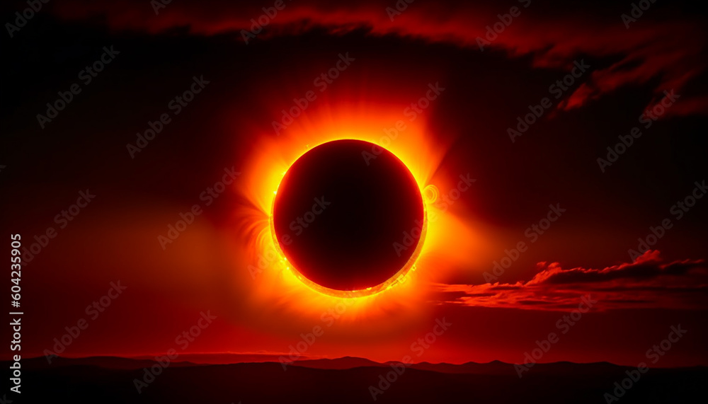 Majestic sunset silhouette, glowing yellow horizon in stratosphere heat generated by AI Majestic sunset silhouette, glowing yellow horizon in stratosphere heat generated by AI