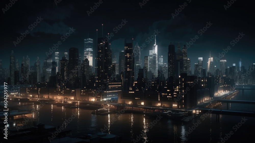 Fototapeta premium Skyline of modern city harbor at night. Created with Generative AI technology. 