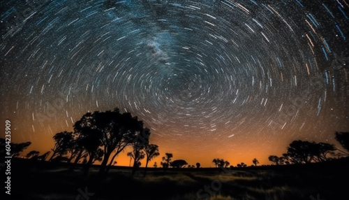 Milky Way illuminates tranquil African landscape, star trail captures motion generated by AI