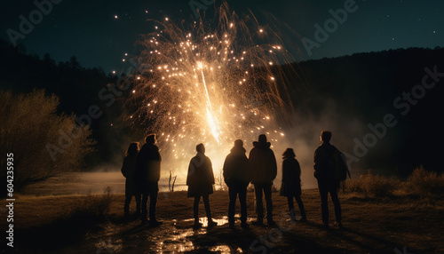 A traditional festival with bonfire, fireworks, and a crowd celebrating generated by AI