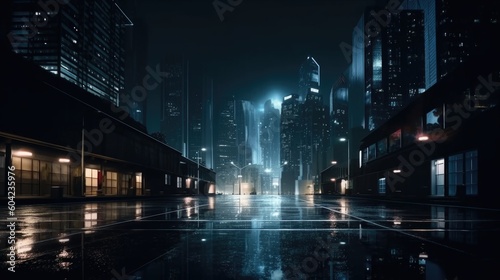 Modern cityscape in rainy day at night with reflections. Created with Generative AI technology. 