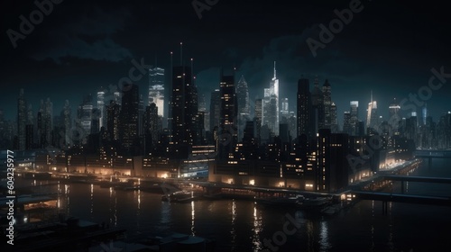 Skyline of modern city harbor at night. Created with Generative AI technology. 