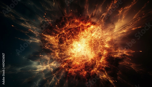 Abstract fiery explosion in space, a natural phenomenon of destruction generated by AI