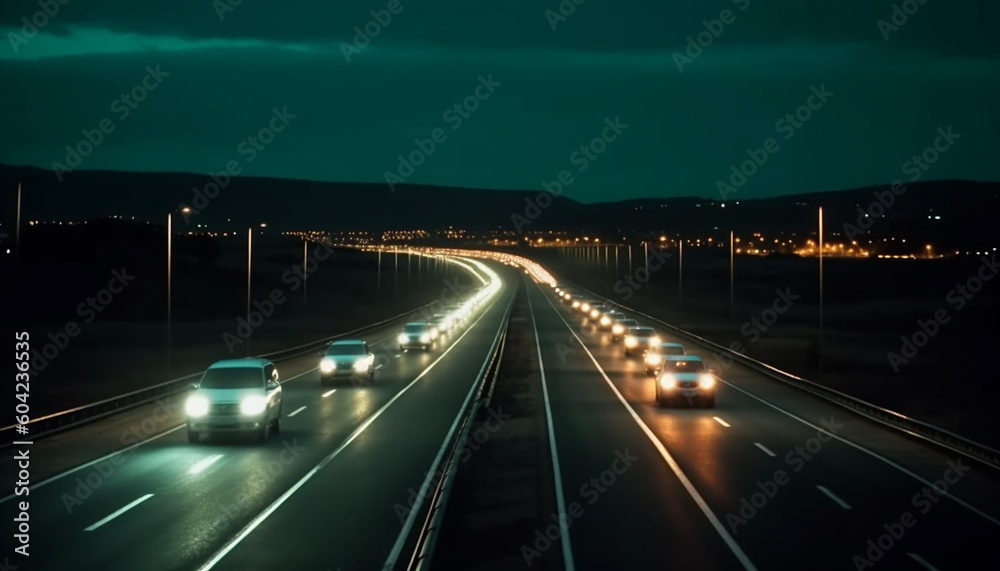 Driving through the city at night, illuminated by headlights generated by AI
