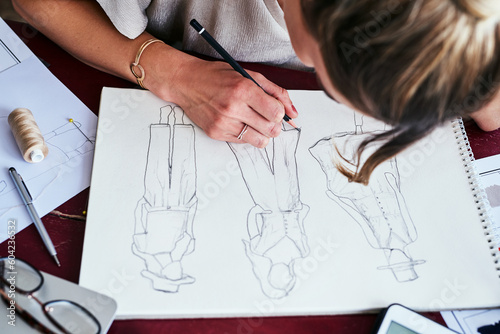 Woman, hands and fashion design drawing on paper for planning, idea or sketching on office desk above. Hand of creative female person, artist or graphic designer for clothing sketch ideas for startup