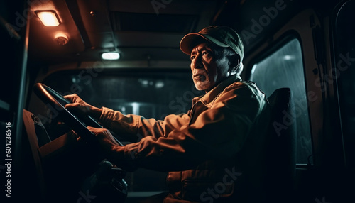 Confident senior man driving car with safety and security generated by AI