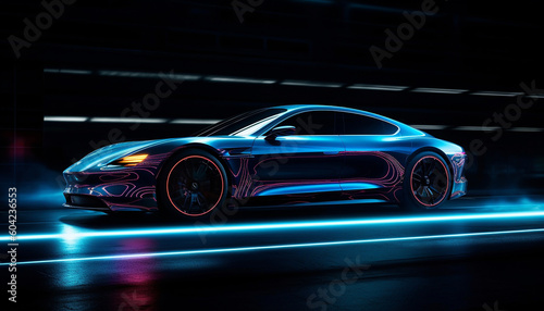 A futuristic sports car races on a glowing motor racing track generated by AI © Stockgiu