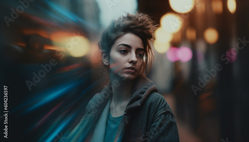 A young woman, illuminated by street light, looking at camera generated by AI