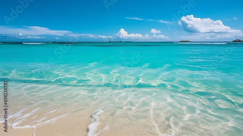 Beautiful beach with white sand and turquoise water and clear blue sky. 