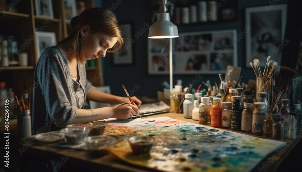 One creative woman smiling, holding paintbrush, painting in art studio generated by AI